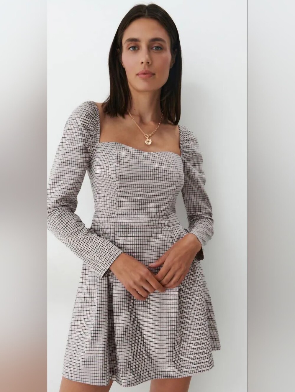 Mohito Checked Square-Neck Long-Sleeve Mini Dress - Cream/pink/Black.